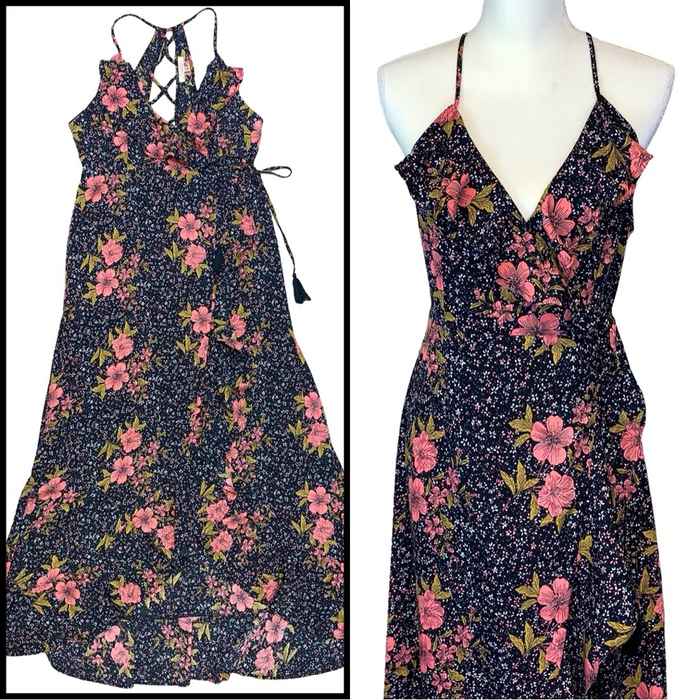 Polagram Floral Wrap High Low Maxi Dress Racerback Ditsy Flowy Ruffles Boho